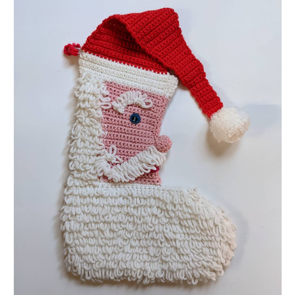 Vintage Anthropomorphic Santa Claus Stocking "Loopy Santa" Hand Crocheted 1970s - Picture 5 of 6